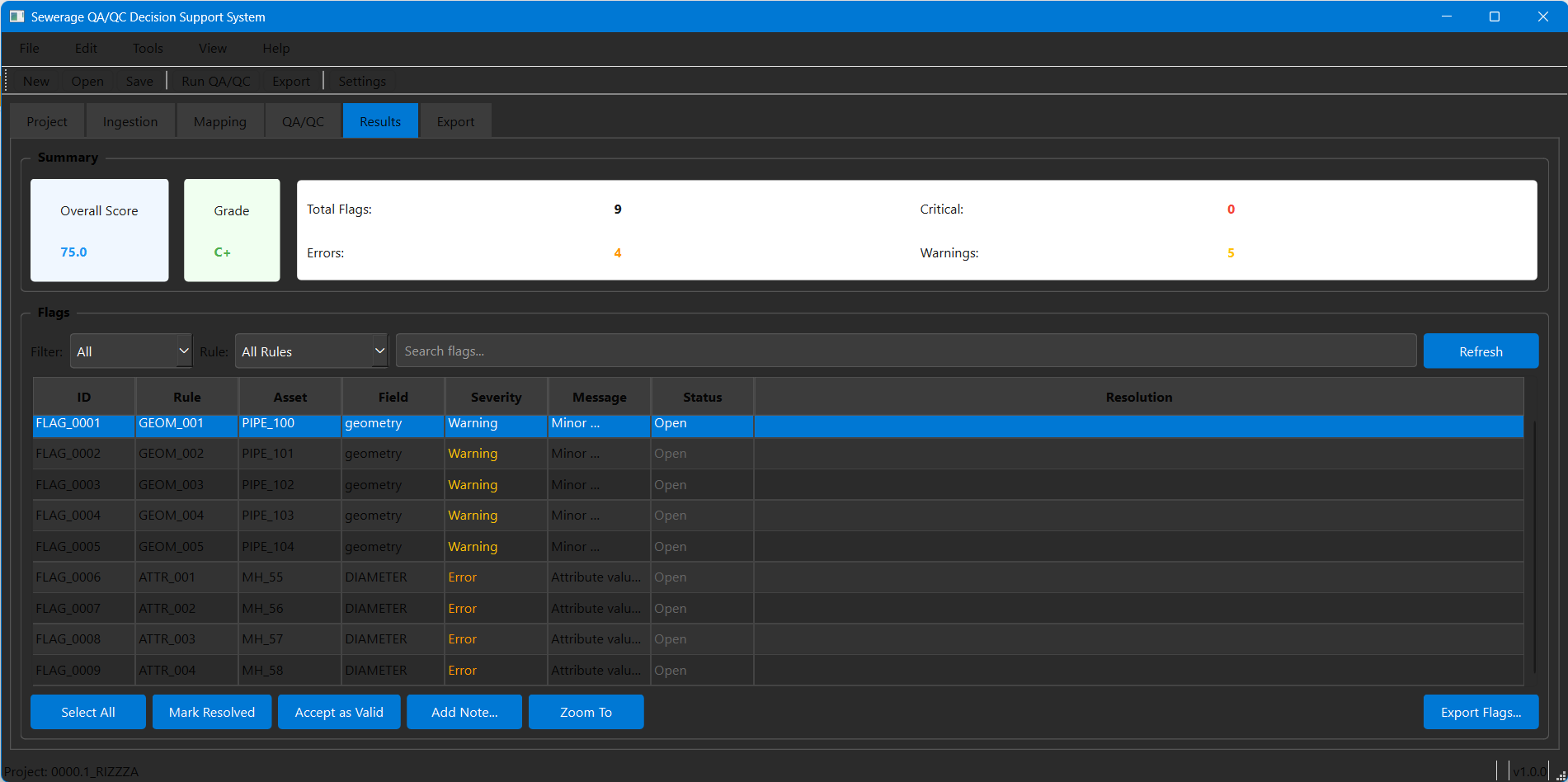 Sewer Network QA/QC Decision Support System results dashboard with graded score and flagged issues